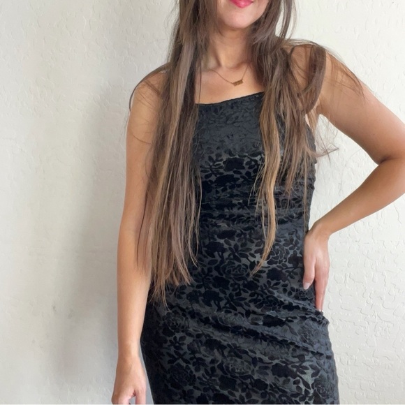 Vintage 90s Roberta Black Velvet Burnout Silver Maxi Sheath Dress - Picture 1 of 12
